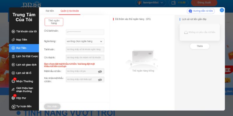 Cung cấp thông tin thẻ ngân hàng để rút tiền rr88